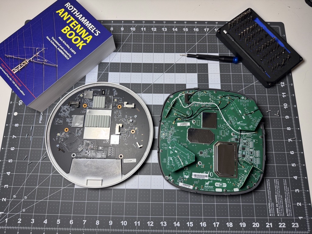 A look inside the chassis: A standard enterprise fixed array layout (left) versus the modular, multi-element BeamFlex+ adaptive array structure of a disassembled RUCKUS R670 Wi-Fi 7 access point (right).